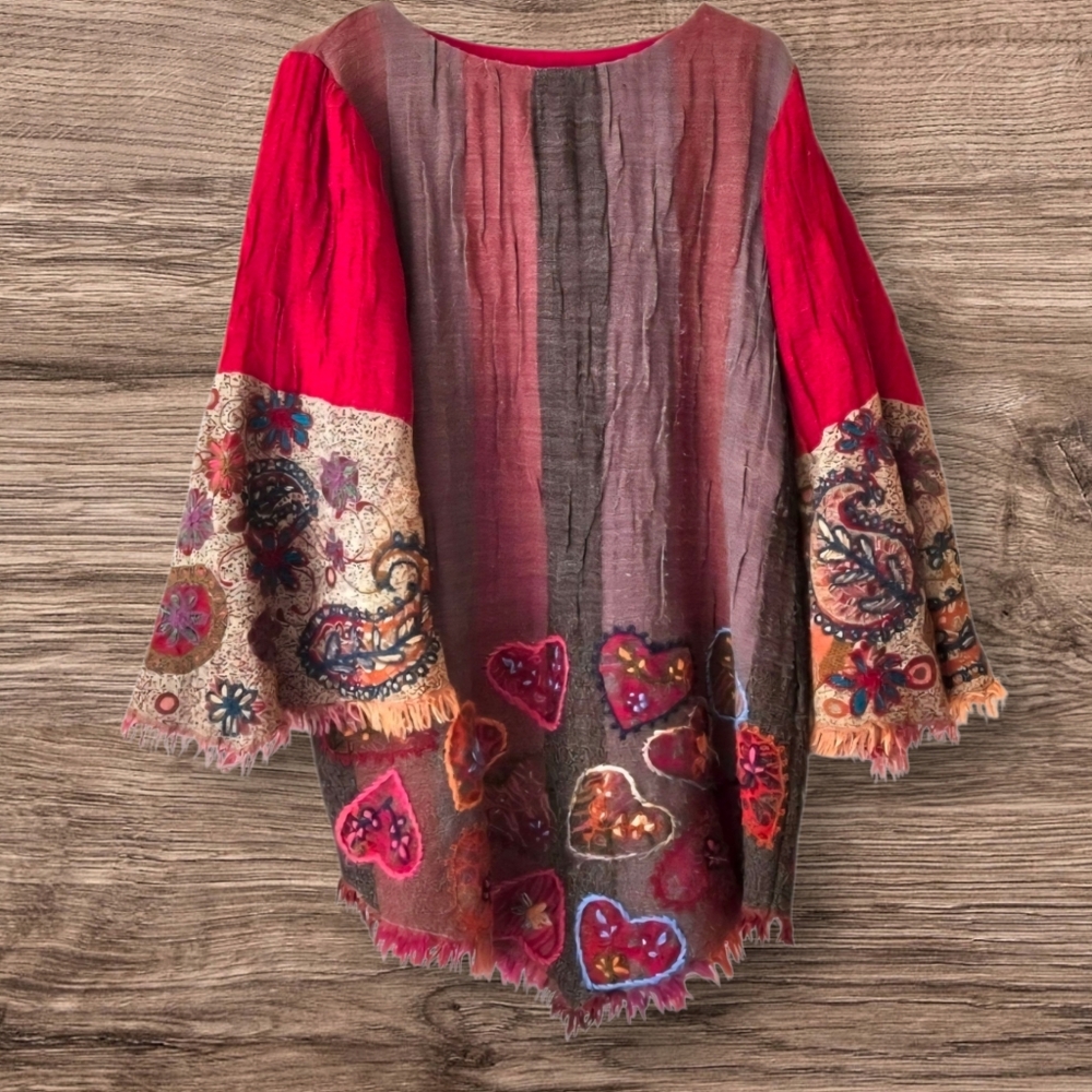 Kashmir Hut Red Gray Tunic Embroidered Bell Sleeve Bohemian Forest Fairy / XL - Picture 5 of 10